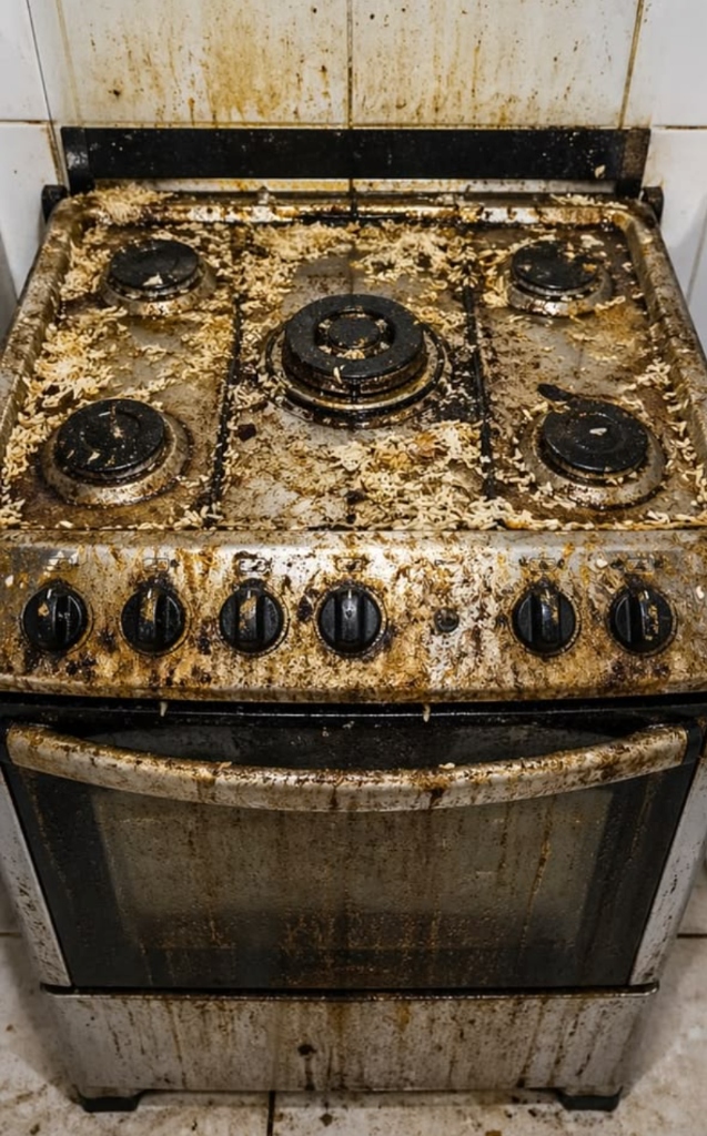 Soiled 5-burner gas cooking range before deep cleaning